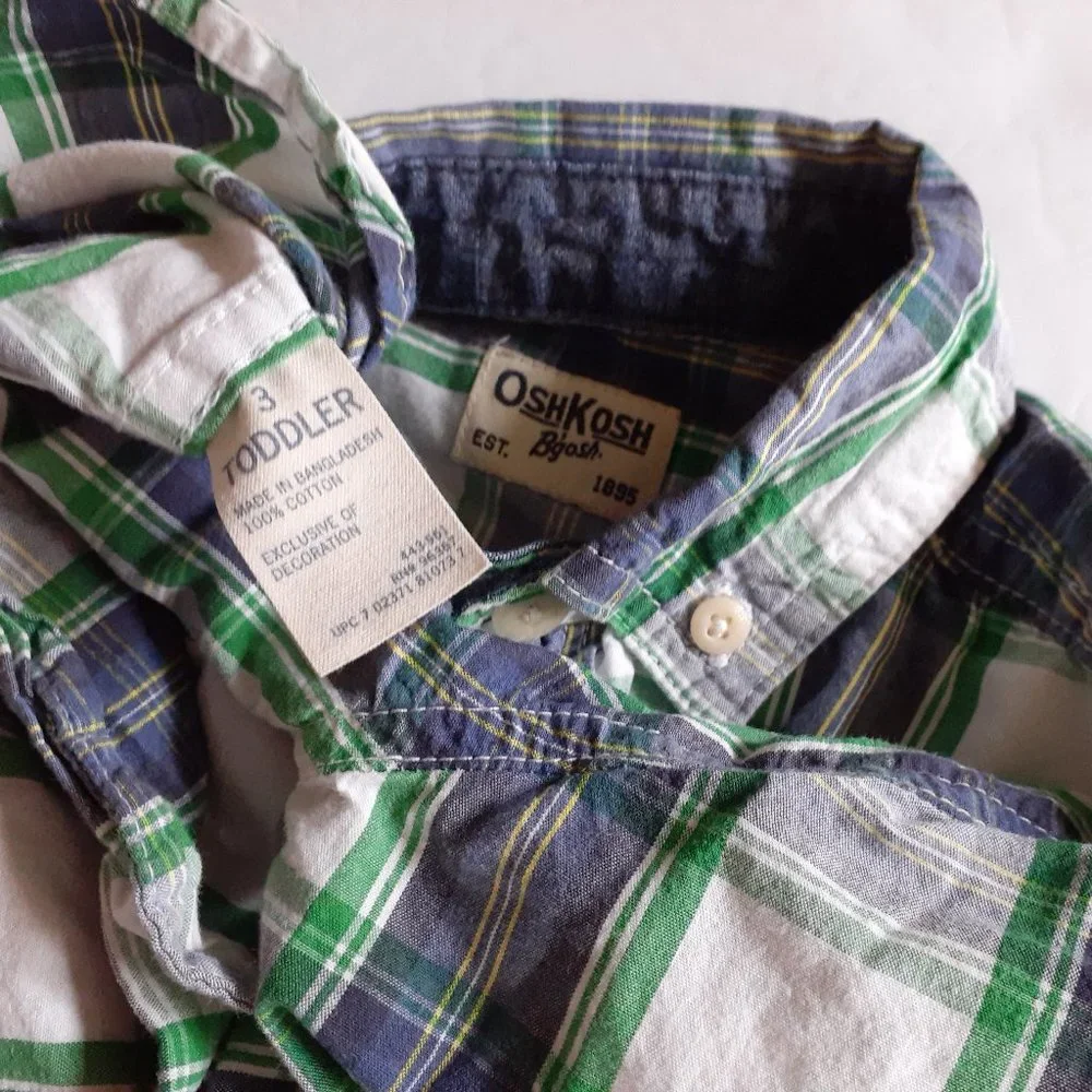 Oshkosh Boys Shirt Button Down Blue Green Plaid Long Sleeve Size 3T